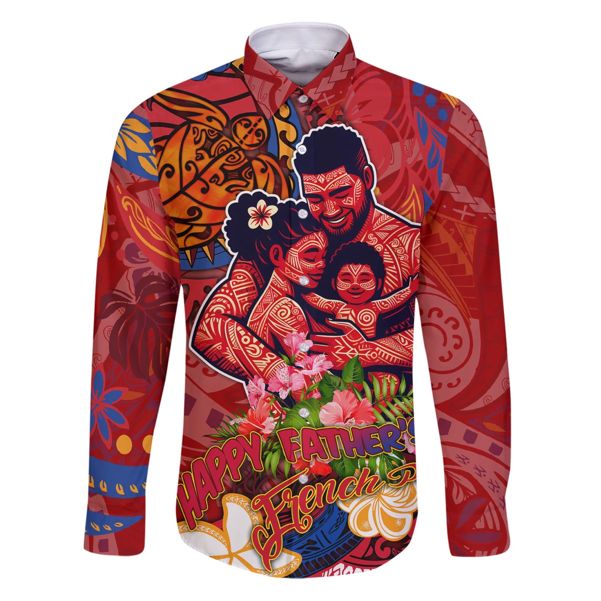 Happy Father's Day French Polynesia Family Matching Puletasi and Hawaiian Shirt Family Turtle Hibiscus DT02 Dad's Shirt - Long Sleeve Red - Polynesian Pride