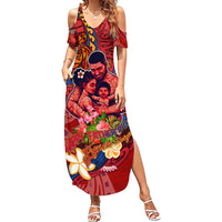 Happy Father's Day French Polynesia Family Matching Summer Maxi Dress and Hawaiian Shirt Family Turtle Hibiscus DT02 Mom's Dress Red - Polynesian Pride