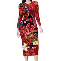 Happy Father's Day French Polynesia Long Sleeve Bodycon Dress Family Turtle Hibiscus DT02 Long Dress Red - Polynesian Pride