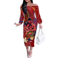 Happy Father's Day French Polynesia Off The Shoulder Long Sleeve Dress Family Turtle Hibiscus DT02 Women Red - Polynesian Pride