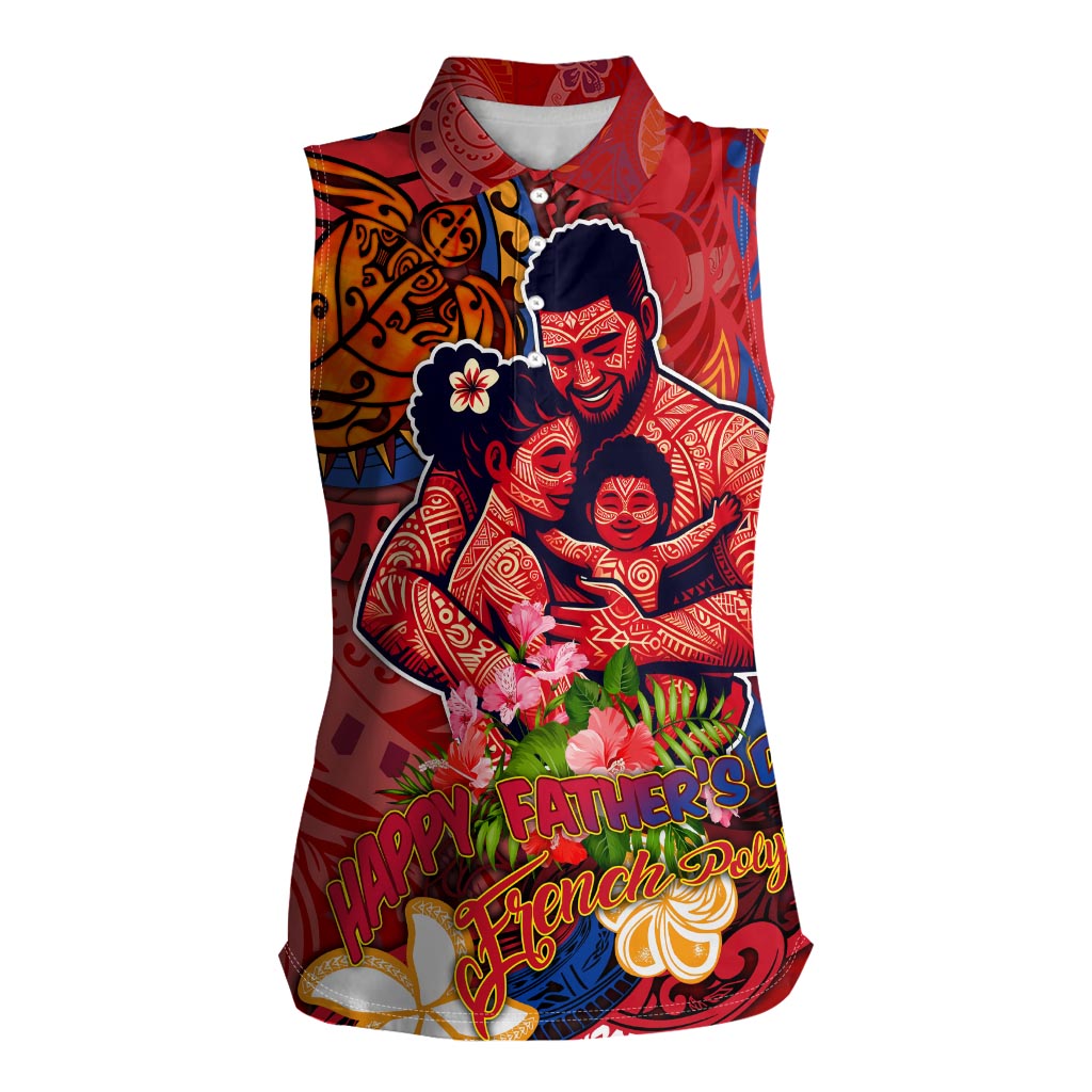 Happy Father's Day French Polynesia Women Sleeveless Polo Shirt Family Turtle Hibiscus DT02 Female Red - Polynesian Pride