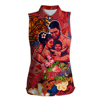 Happy Father's Day French Polynesia Women Sleeveless Polo Shirt Family Turtle Hibiscus DT02 Female Red - Polynesian Pride