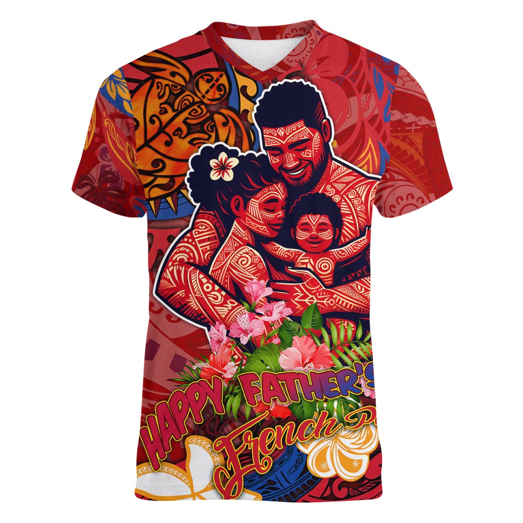 Happy Father's Day French Polynesia Women V-Neck T-Shirt Family Turtle Hibiscus DT02 Female Red - Polynesian Pride