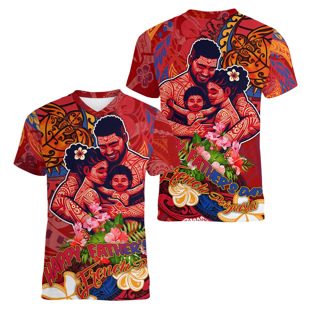 Happy Father's Day French Polynesia Women V-Neck T-Shirt Family Turtle Hibiscus DT02 - Polynesian Pride