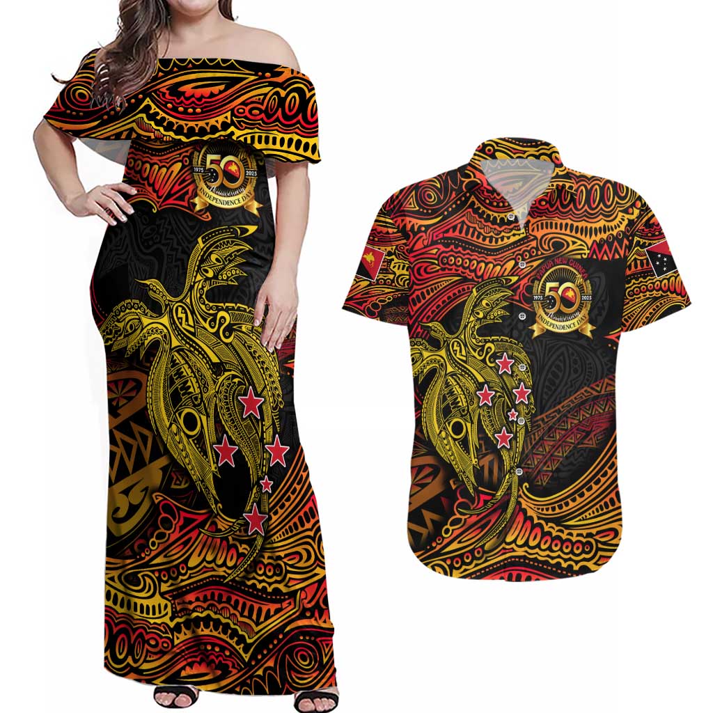 Papua New Guinea 50th Independence Day Couples Matching Off Shoulder Maxi Dress and Hawaiian Shirt Culture Spirit and Sovereignty DT02 Art - Polynesian Pride
