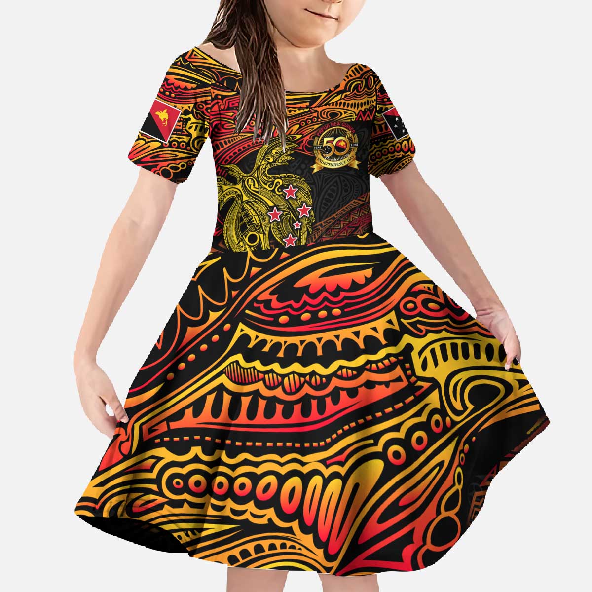 Papua New Guinea 50th Independence Day Family Matching Off The Shoulder Long Sleeve Dress and Hawaiian Shirt Culture Spirit and Sovereignty DT02 Daughter's Dress Art - Polynesian Pride
