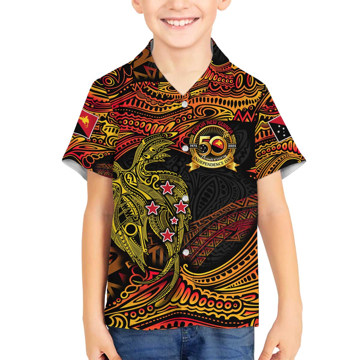 Papua New Guinea 50th Independence Day Family Matching Off The Shoulder Long Sleeve Dress and Hawaiian Shirt Culture Spirit and Sovereignty DT02 Son's Shirt Art - Polynesian Pride