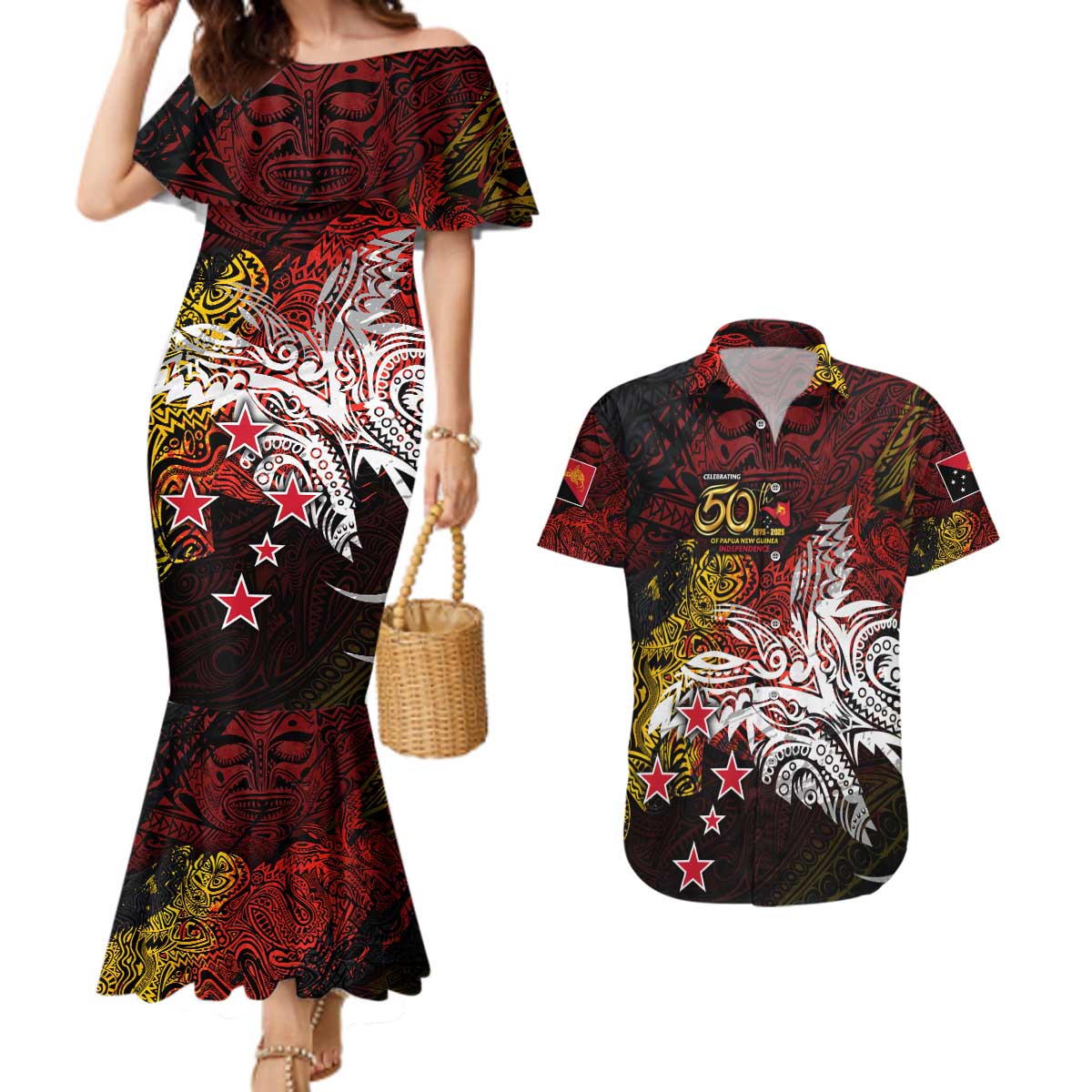 PNG 1975 - 2025 Couples Matching Mermaid Dress and Hawaiian Shirt Papua New Guinea 50th Independence Anniversary