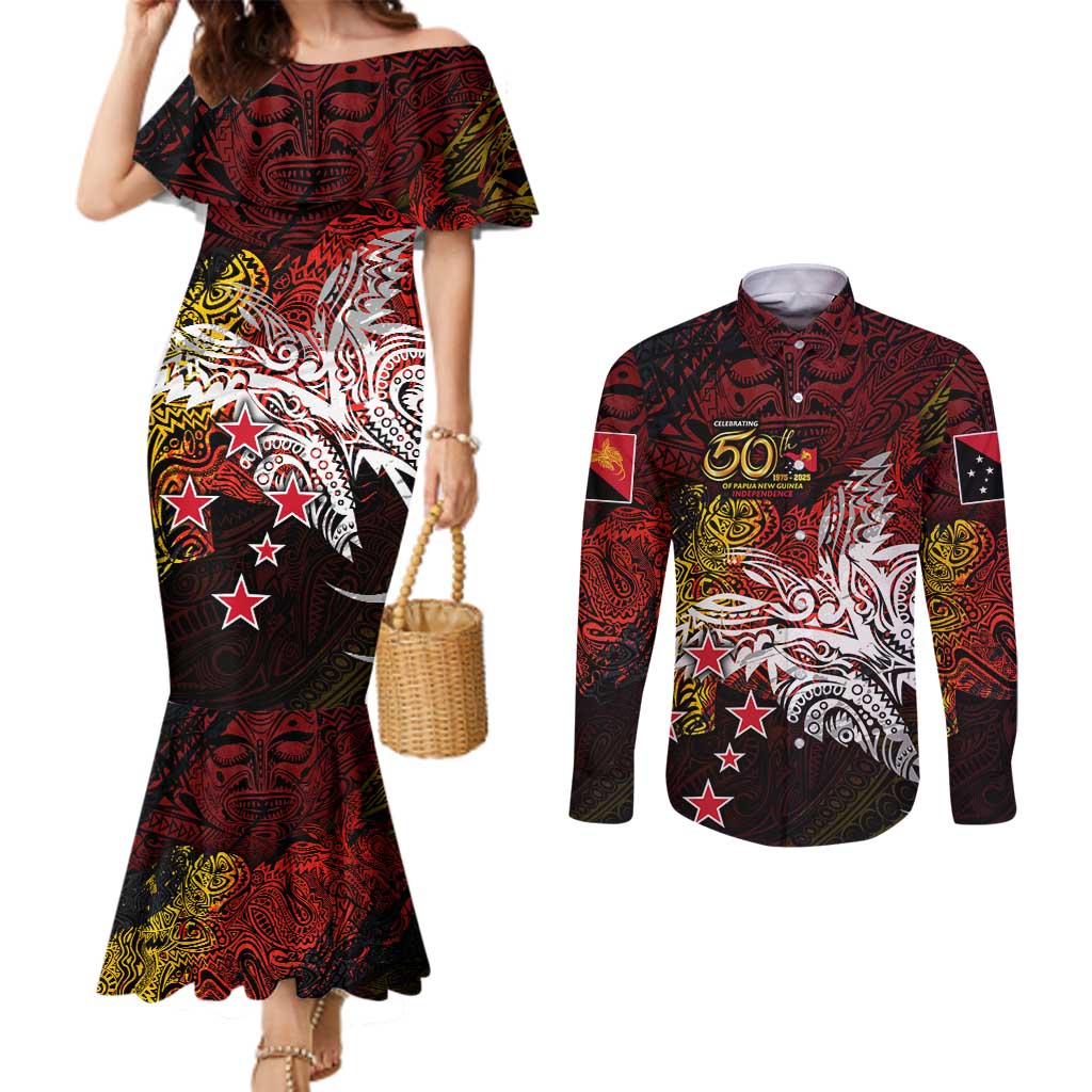 PNG 1975 - 2025 Couples Matching Mermaid Dress and Long Sleeve Button Shirt Papua New Guinea 50th Independence Anniversary DT02 Art - Polynesian Pride