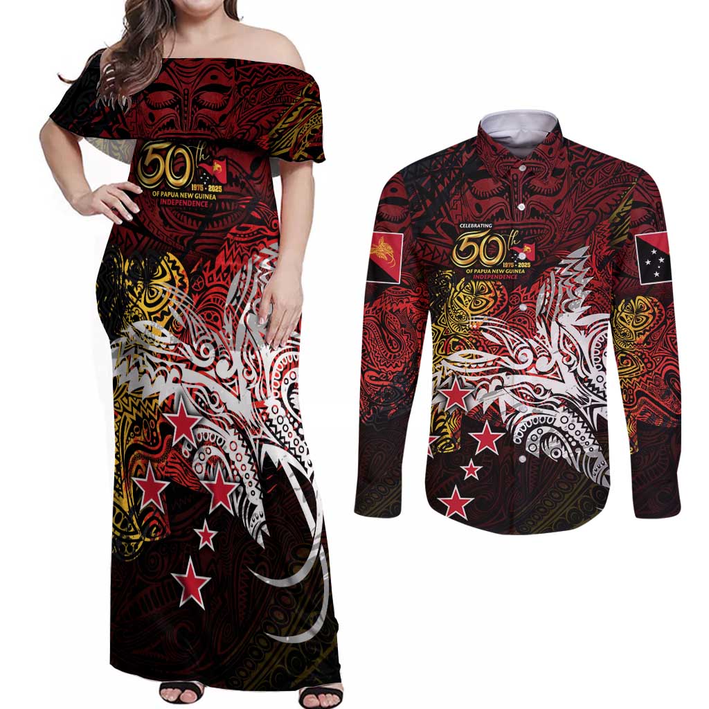 PNG 1975 - 2025 Couples Matching Off Shoulder Maxi Dress and Long Sleeve Button Shirt Papua New Guinea 50th Independence Anniversary DT02 Art - Polynesian Pride