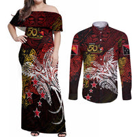 PNG 1975 - 2025 Couples Matching Off Shoulder Maxi Dress and Long Sleeve Button Shirt Papua New Guinea 50th Independence Anniversary DT02 Art - Polynesian Pride