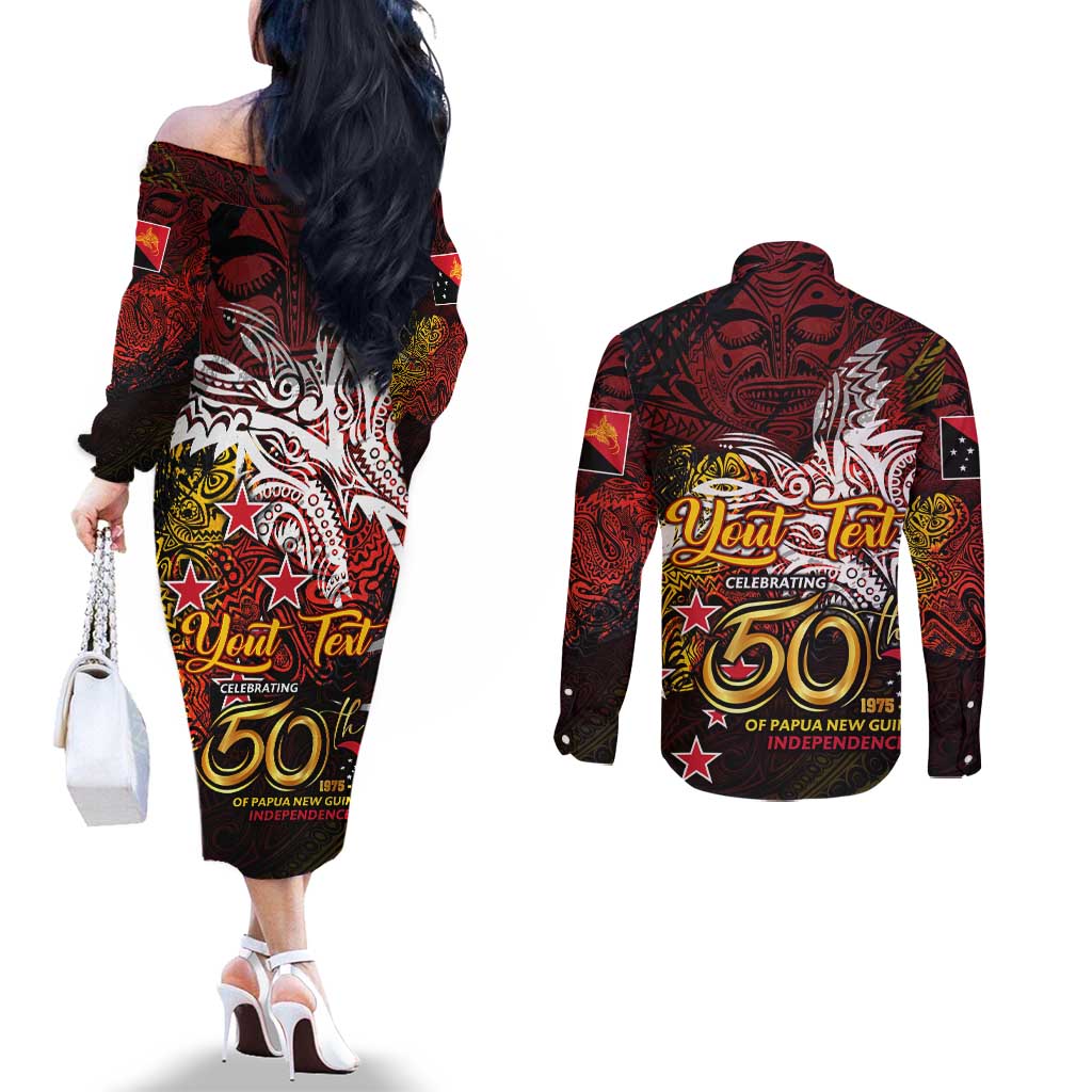 PNG 1975 - 2025 Couples Matching Off The Shoulder Long Sleeve Dress and Long Sleeve Button Shirt Papua New Guinea 50th Independence Anniversary DT02 - Polynesian Pride