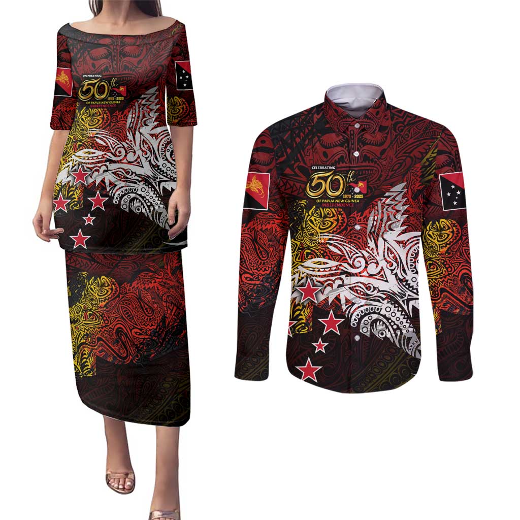PNG 1975 - 2025 Couples Matching Puletasi and Long Sleeve Button Shirt Papua New Guinea 50th Independence Anniversary DT02 Art - Polynesian Pride