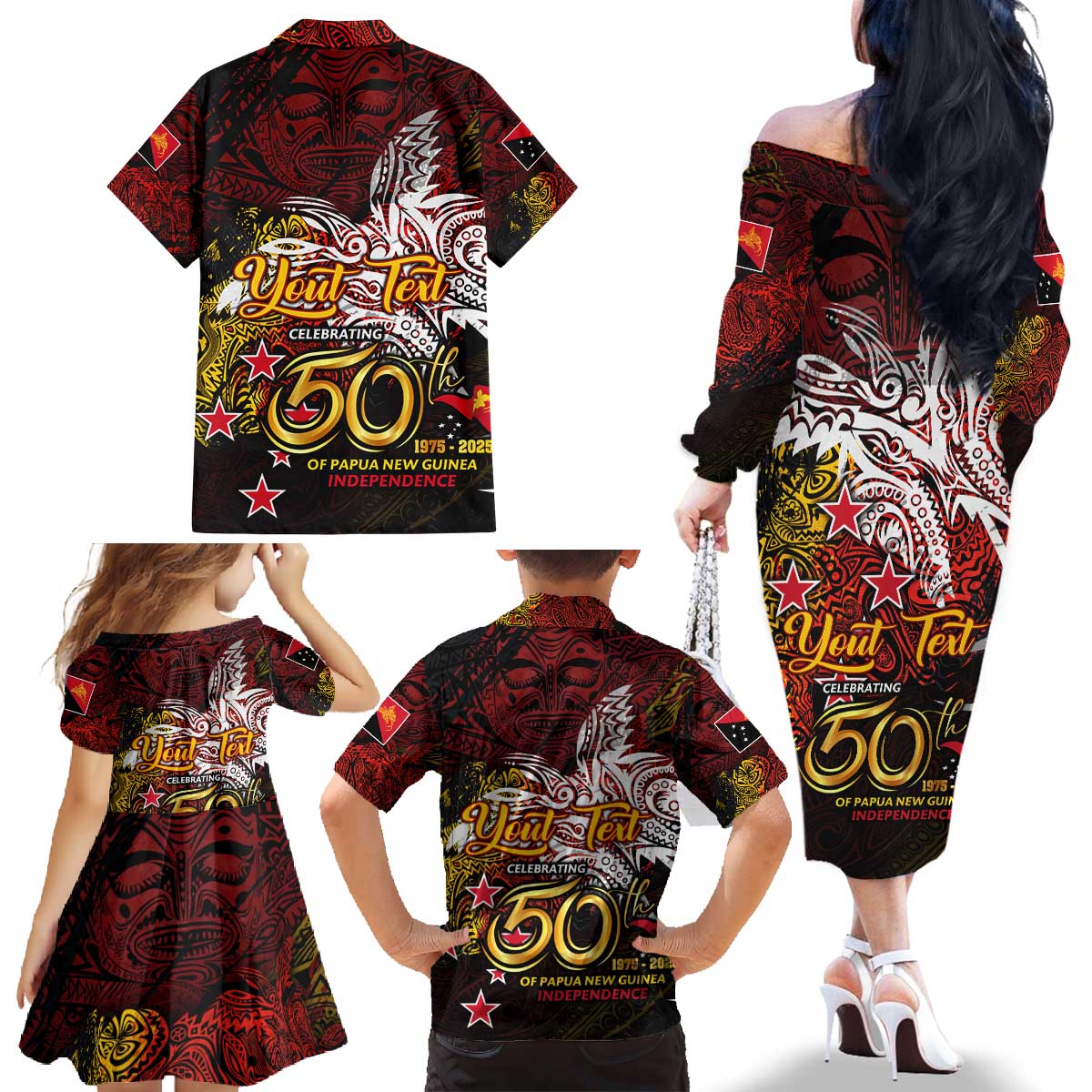 PNG 1975 - 2025 Family Matching Off The Shoulder Long Sleeve Dress and Hawaiian Shirt Papua New Guinea 50th Independence Anniversary