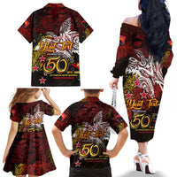 PNG 1975 - 2025 Family Matching Off The Shoulder Long Sleeve Dress and Hawaiian Shirt Papua New Guinea 50th Independence Anniversary