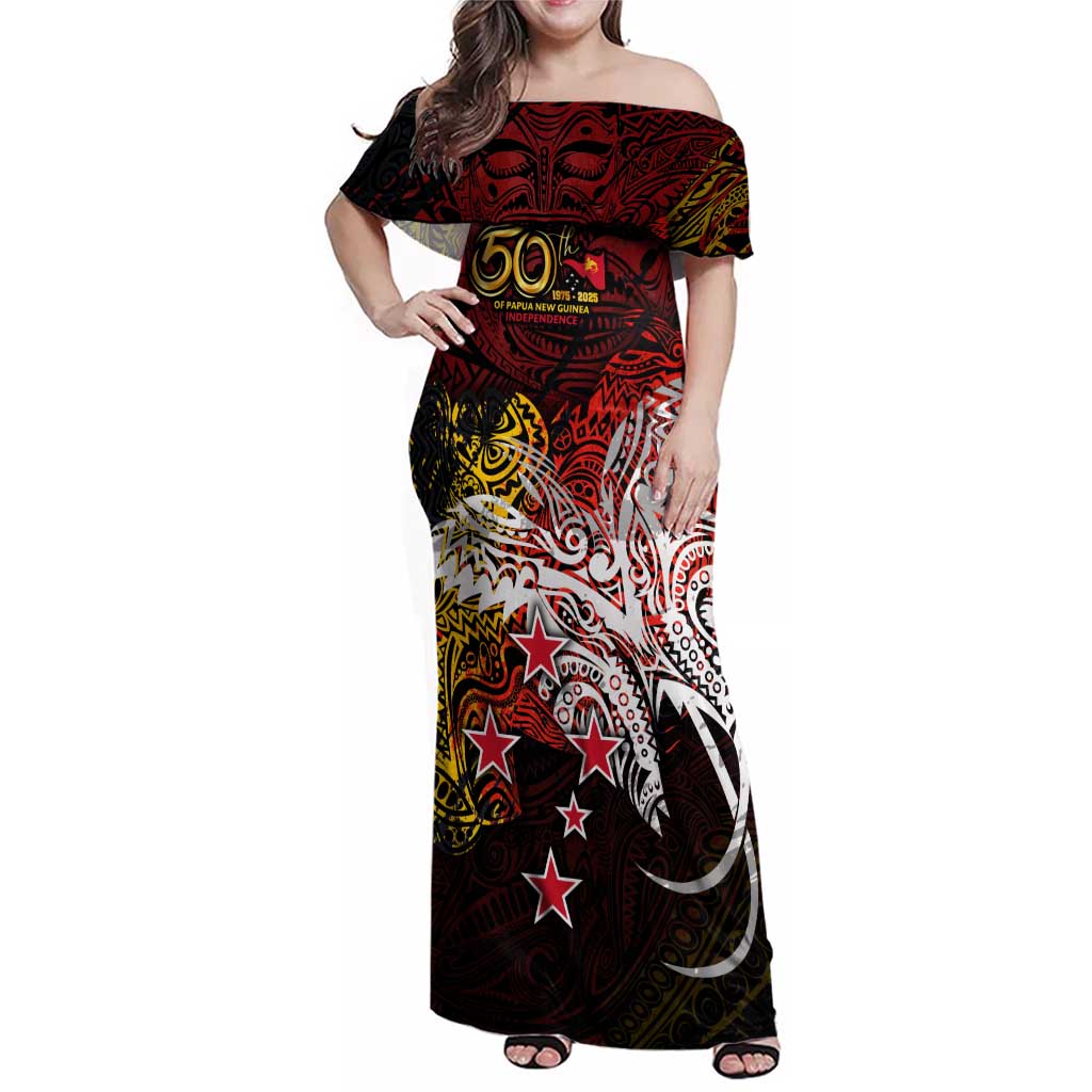 PNG 1975 - 2025 Family Matching Off Shoulder Maxi Dress and Hawaiian Shirt Papua New Guinea 50th Independence Anniversary DT02 Mom's Dress Art - Polynesian Pride