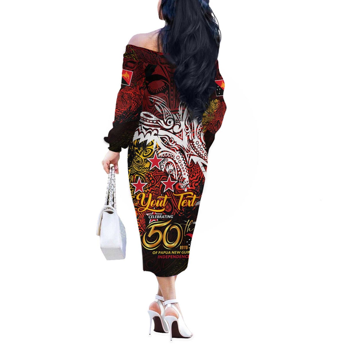 PNG 1975 - 2025 Off The Shoulder Long Sleeve Dress Papua New Guinea 50th Independence Anniversary DT02 - Polynesian Pride