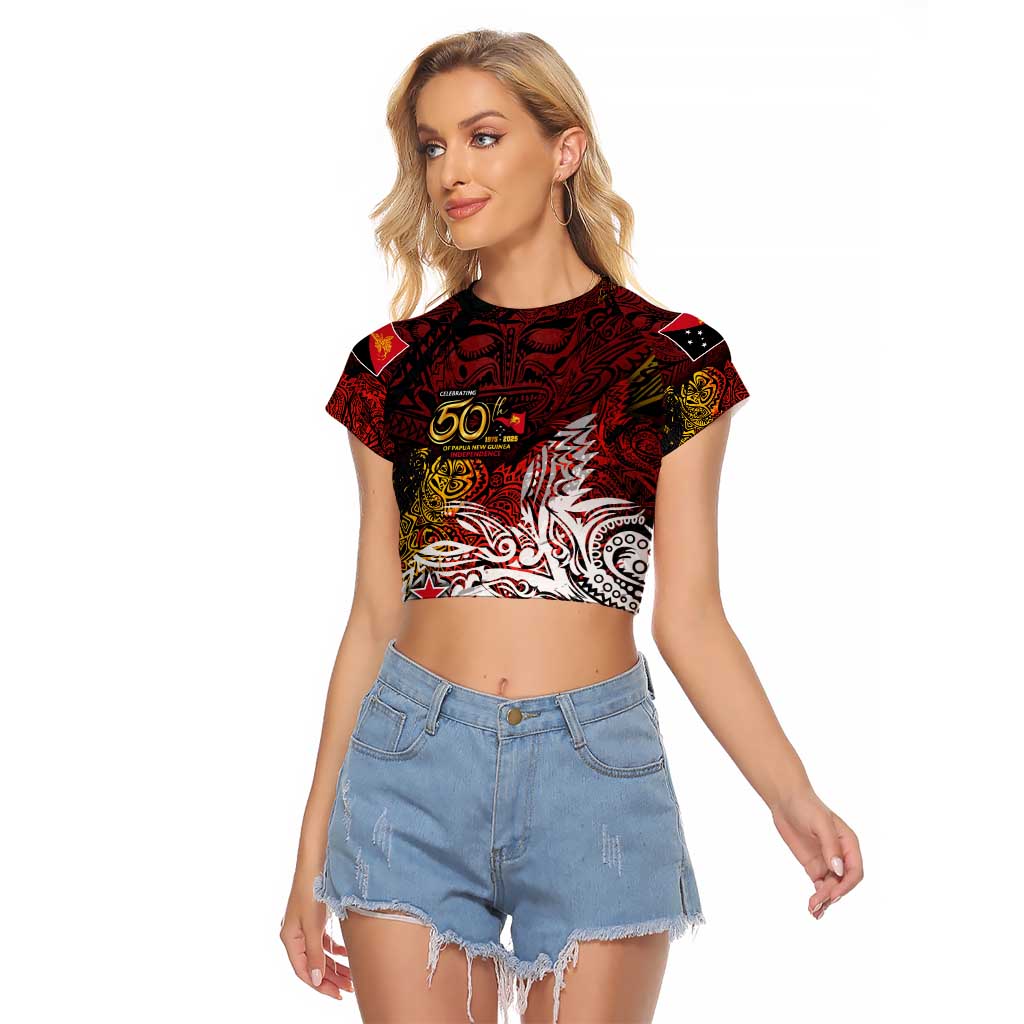 PNG 1975 - 2025 Raglan Cropped T Shirt Papua New Guinea 50th Independence Anniversary DT02 Female Art - Polynesian Pride