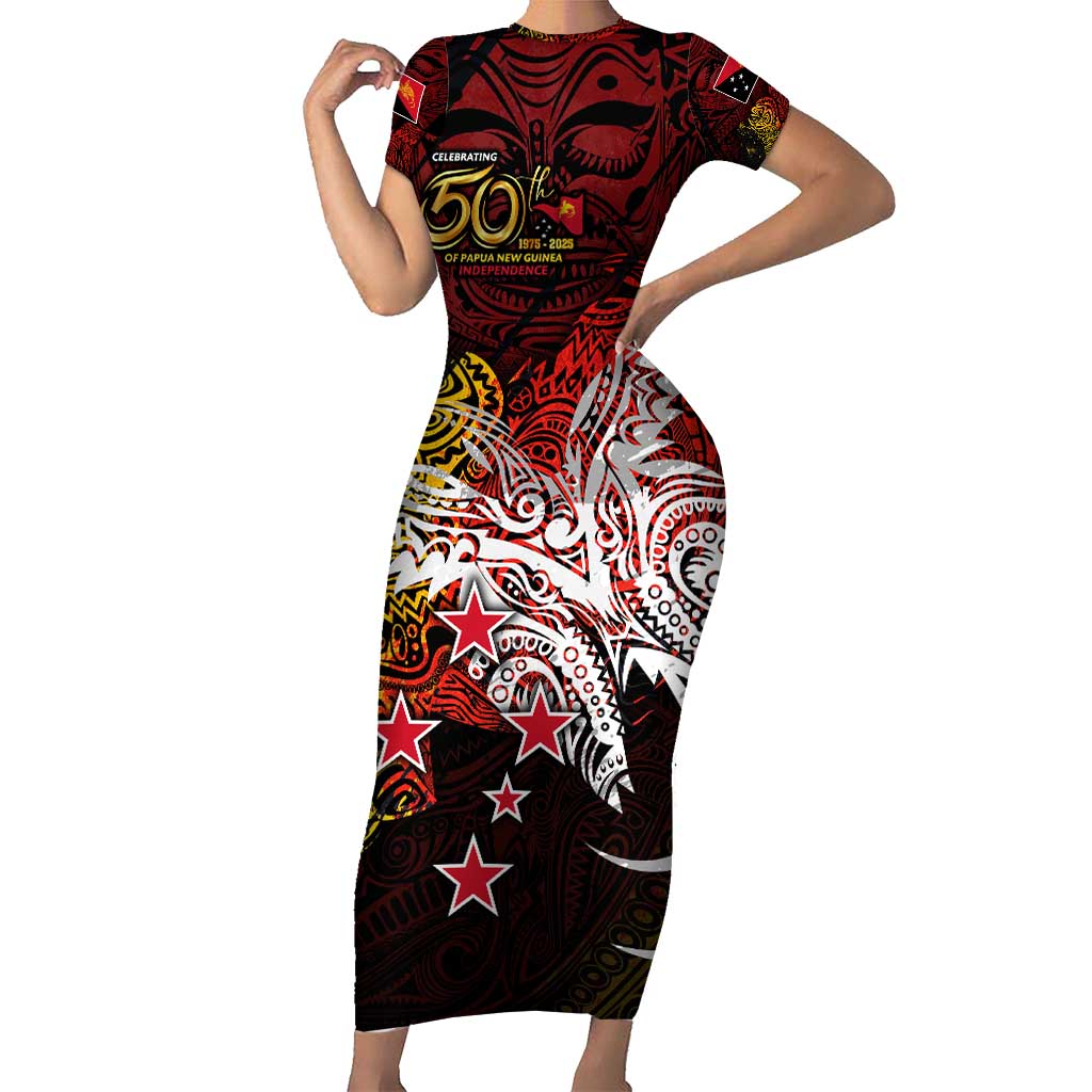 PNG 1975 - 2025 Short Sleeve Bodycon Dress Papua New Guinea 50th Independence Anniversary DT02 Long Dress Art - Polynesian Pride