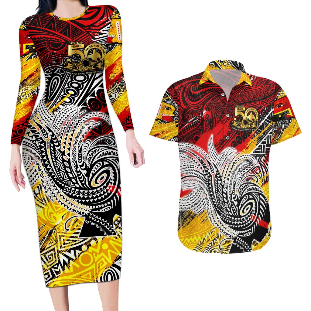 Papua New Guinea 50th Independence Day Couples Matching Long Sleeve Bodycon Dress and Hawaiian Shirt Celebrate Our History, Inspire Our Future DT02 Art - Polynesian Pride