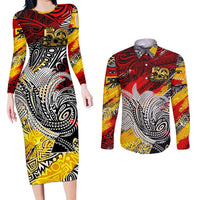Papua New Guinea 50th Independence Day Couples Matching Long Sleeve Bodycon Dress and Long Sleeve Button Shirt Celebrate Our History, Inspire Our Future DT02 Art - Polynesian Pride