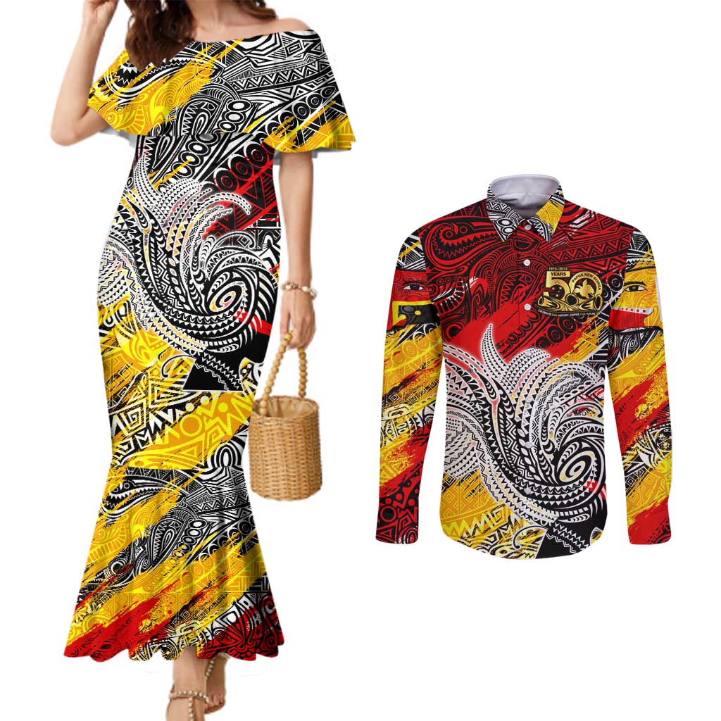 Papua New Guinea 50th Independence Day Couples Matching Mermaid Dress and Long Sleeve Button Shirt Celebrate Our History, Inspire Our Future DT02 Art - Polynesian Pride