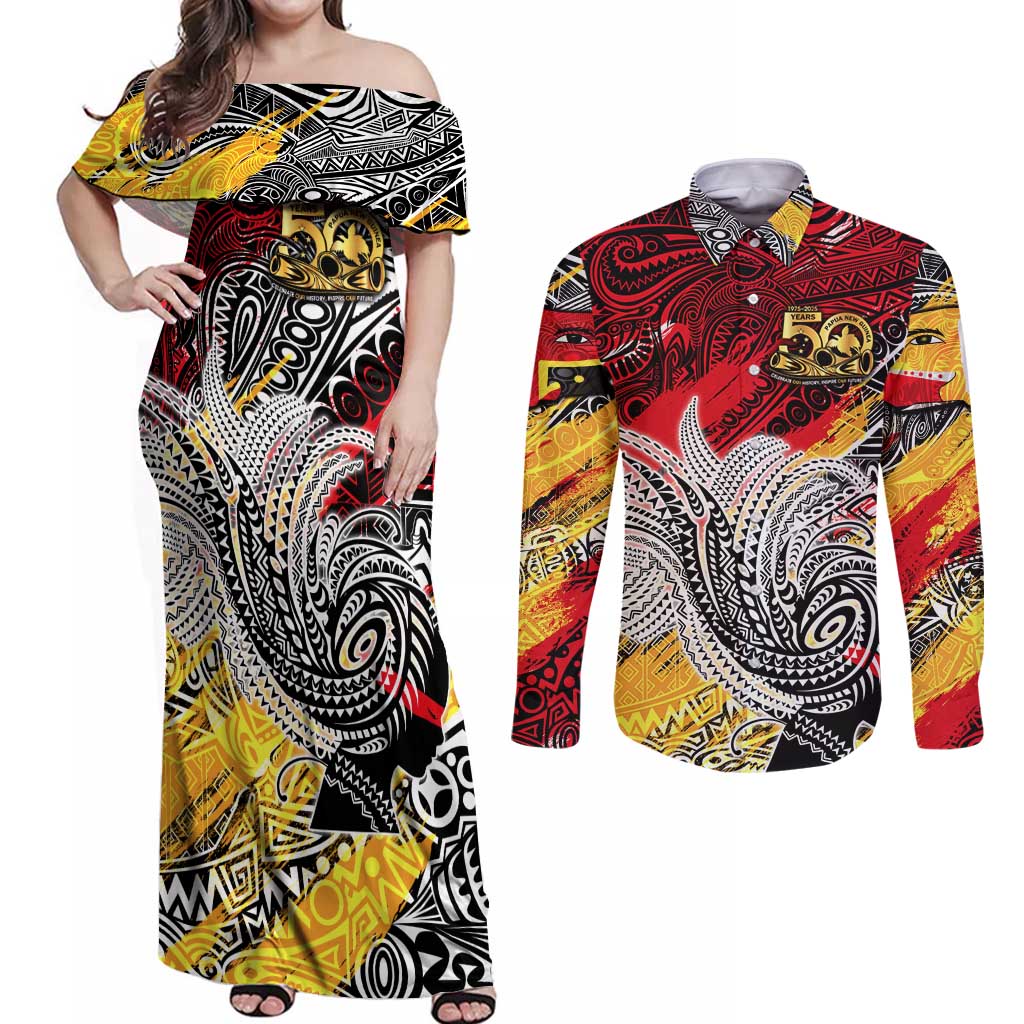 Papua New Guinea 50th Independence Day Couples Matching Off Shoulder Maxi Dress and Long Sleeve Button Shirt Celebrate Our History, Inspire Our Future DT02 Art - Polynesian Pride