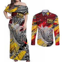 Papua New Guinea 50th Independence Day Couples Matching Off Shoulder Maxi Dress and Long Sleeve Button Shirt Celebrate Our History, Inspire Our Future DT02 Art - Polynesian Pride