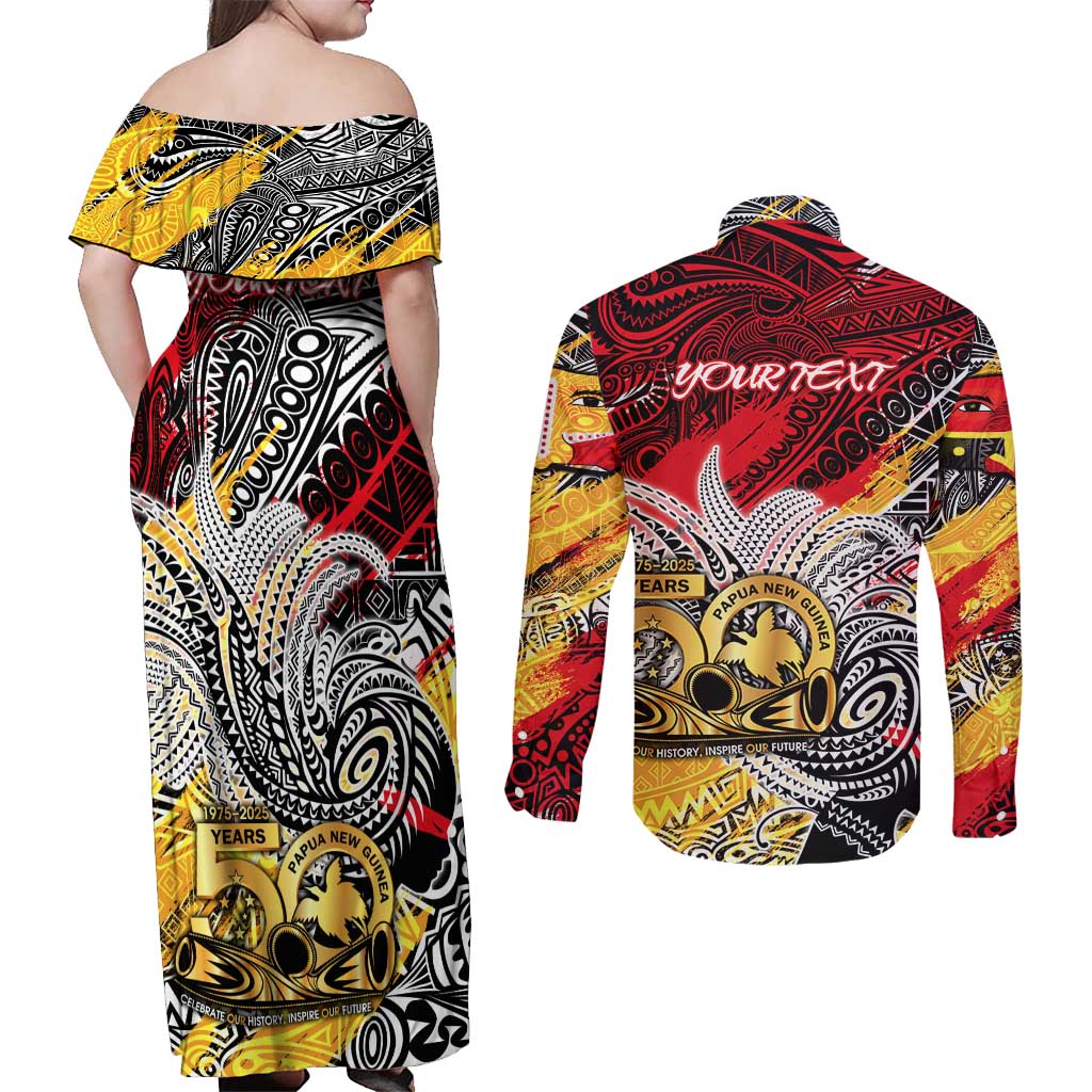Papua New Guinea 50th Independence Day Couples Matching Off Shoulder Maxi Dress and Long Sleeve Button Shirt Celebrate Our History, Inspire Our Future DT02 - Polynesian Pride