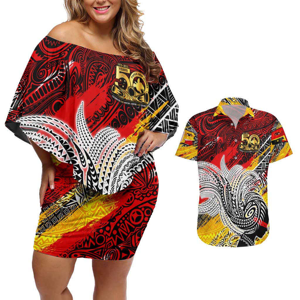 Papua New Guinea 50th Independence Day Couples Matching Off Shoulder Short Dress and Hawaiian Shirt Celebrate Our History, Inspire Our Future DT02 Art - Polynesian Pride