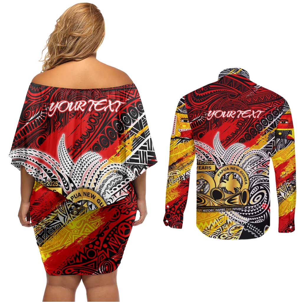 Papua New Guinea 50th Independence Day Couples Matching Off Shoulder Short Dress and Long Sleeve Button Shirt Celebrate Our History, Inspire Our Future DT02 - Polynesian Pride