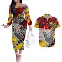 Papua New Guinea 50th Independence Day Couples Matching Off The Shoulder Long Sleeve Dress and Hawaiian Shirt Celebrate Our History, Inspire Our Future DT02 Art - Polynesian Pride