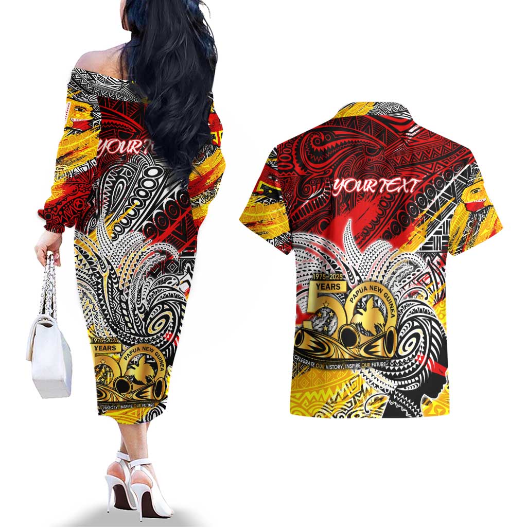 Papua New Guinea 50th Independence Day Couples Matching Off The Shoulder Long Sleeve Dress and Hawaiian Shirt Celebrate Our History, Inspire Our Future DT02 - Polynesian Pride