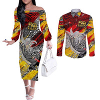 Papua New Guinea 50th Independence Day Couples Matching Off The Shoulder Long Sleeve Dress and Long Sleeve Button Shirt Celebrate Our History, Inspire Our Future DT02 Art - Polynesian Pride