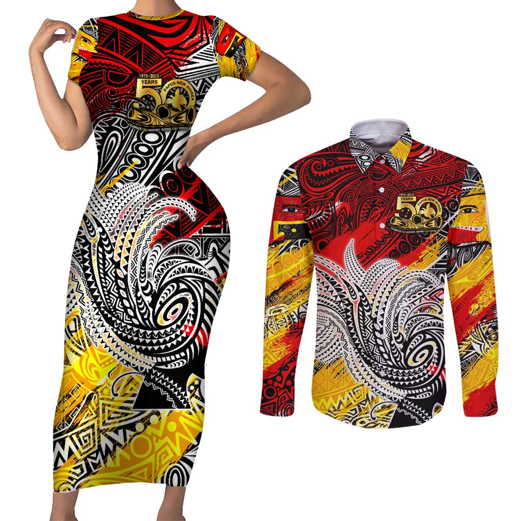 Papua New Guinea 50th Independence Day Couples Matching Short Sleeve Bodycon Dress and Long Sleeve Button Shirt Celebrate Our History, Inspire Our Future DT02 Art - Polynesian Pride