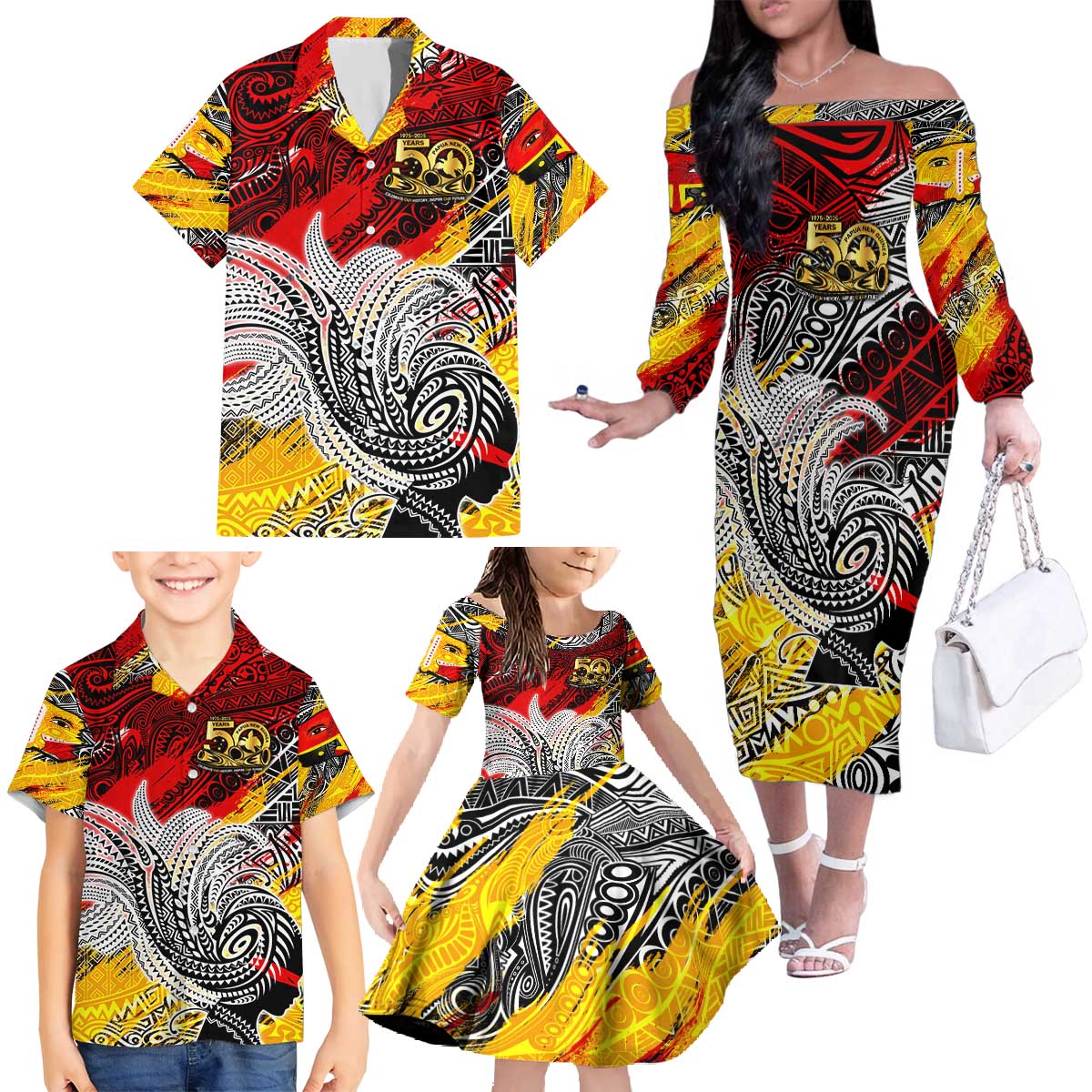 Papua New Guinea 50th Independence Day Family Matching Off The Shoulder Long Sleeve Dress and Hawaiian Shirt Celebrate Our History, Inspire Our Future DT02 - Polynesian Pride