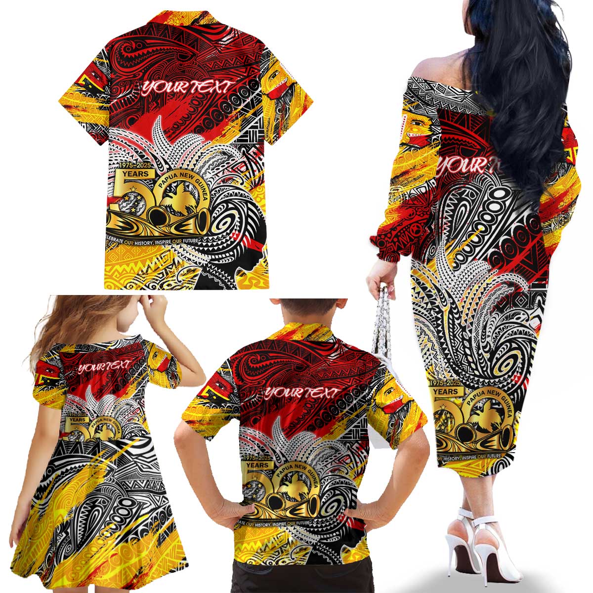 Papua New Guinea 50th Independence Day Family Matching Off The Shoulder Long Sleeve Dress and Hawaiian Shirt Celebrate Our History, Inspire Our Future DT02 - Polynesian Pride