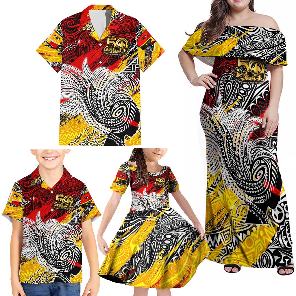 Papua New Guinea 50th Independence Day Family Matching Off Shoulder Maxi Dress and Hawaiian Shirt Celebrate Our History, Inspire Our Future DT02 - Polynesian Pride