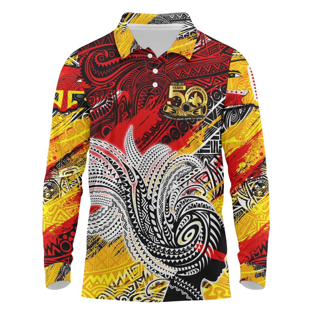Papua New Guinea 50th Independence Day Long Sleeve Polo Shirt Celebrate Our History, Inspire Our Future DT02 Art - Polynesian Pride