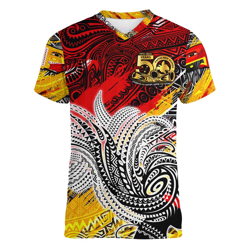 Papua New Guinea 50th Independence Day Women V-Neck T-Shirt Celebrate Our History, Inspire Our Future DT02 Female Art - Polynesian Pride