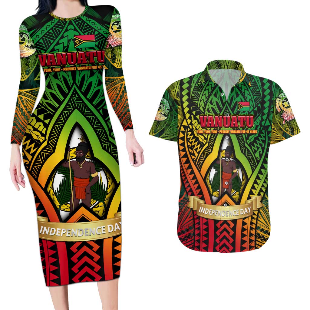 Vanuatu 45th Independence Anniversary Couples Matching Long Sleeve Bodycon Dress and Hawaiian Shirt Embracing Our Traditions Shaping Our Future DT02 Art - Polynesian Pride