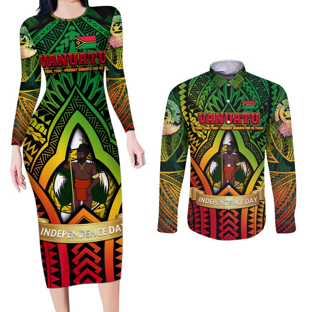 Vanuatu 45th Independence Anniversary Couples Matching Long Sleeve Bodycon Dress and Long Sleeve Button Shirt Embracing Our Traditions Shaping Our Future DT02 Art - Polynesian Pride
