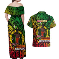 Vanuatu 45th Independence Anniversary Couples Matching Off Shoulder Maxi Dress and Hawaiian Shirt Embracing Our Traditions Shaping Our Future DT02 - Polynesian Pride