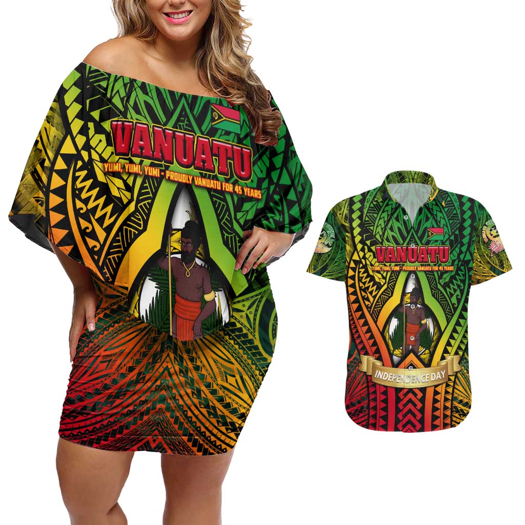 Vanuatu 45th Independence Anniversary Couples Matching Off Shoulder Short Dress and Hawaiian Shirt Embracing Our Traditions Shaping Our Future DT02 Art - Polynesian Pride