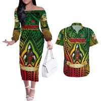Vanuatu 45th Independence Anniversary Couples Matching Off The Shoulder Long Sleeve Dress and Hawaiian Shirt Embracing Our Traditions Shaping Our Future DT02 Art - Polynesian Pride