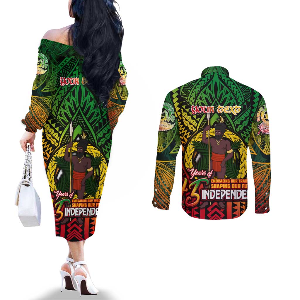 Vanuatu 45th Independence Anniversary Couples Matching Off The Shoulder Long Sleeve Dress and Long Sleeve Button Shirt Embracing Our Traditions Shaping Our Future DT02 - Polynesian Pride