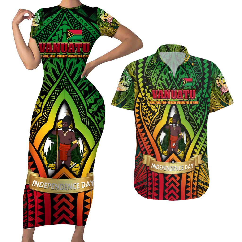 Vanuatu 45th Independence Anniversary Couples Matching Short Sleeve Bodycon Dress and Hawaiian Shirt Embracing Our Traditions Shaping Our Future DT02 Art - Polynesian Pride