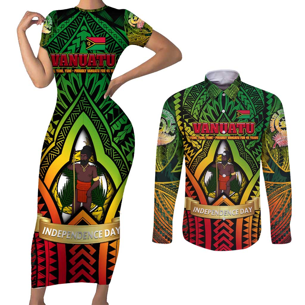 Vanuatu 45th Independence Anniversary Couples Matching Short Sleeve Bodycon Dress and Long Sleeve Button Shirt Embracing Our Traditions Shaping Our Future DT02 Art - Polynesian Pride