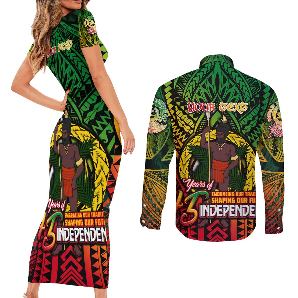 Vanuatu 45th Independence Anniversary Couples Matching Short Sleeve Bodycon Dress and Long Sleeve Button Shirt Embracing Our Traditions Shaping Our Future DT02 - Polynesian Pride