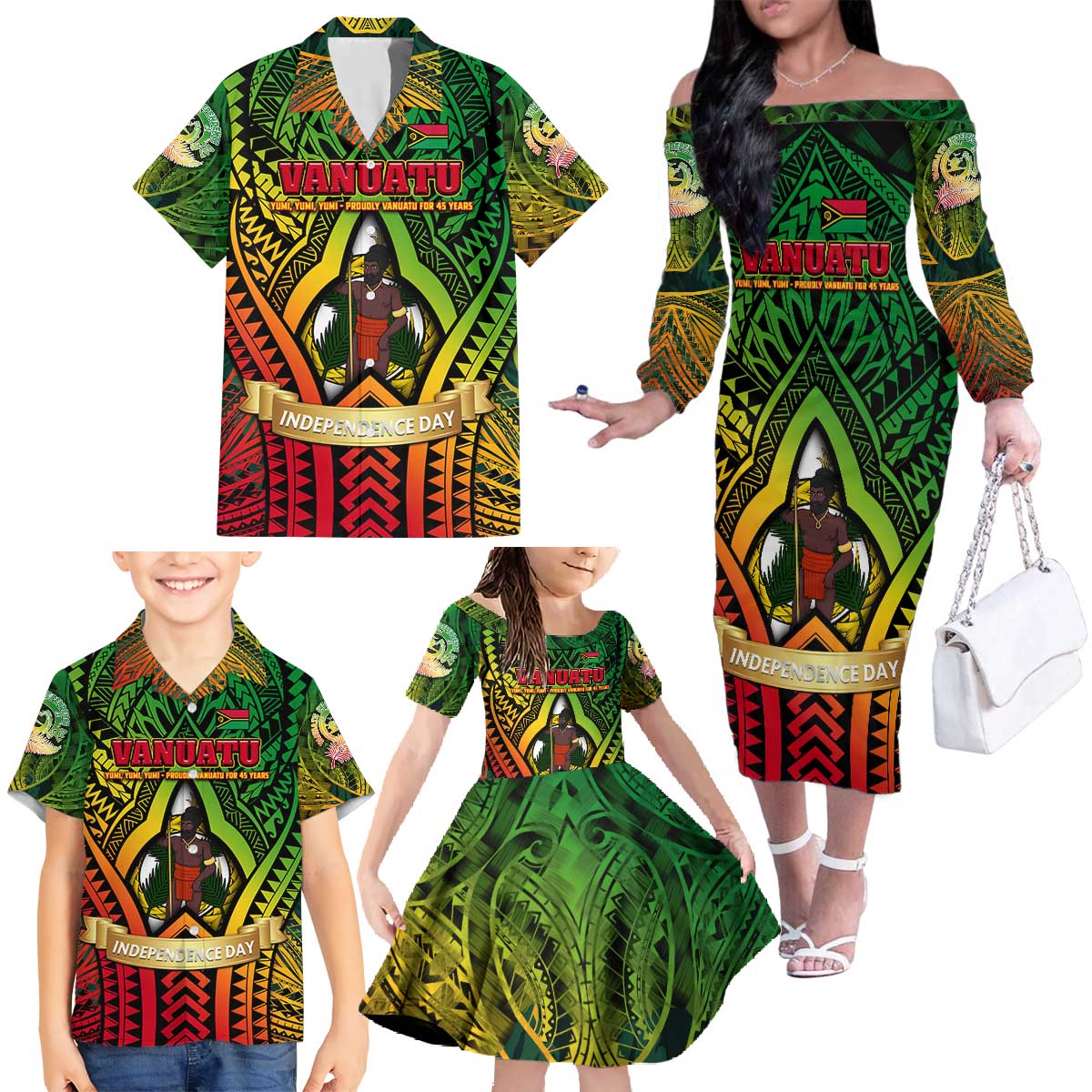Vanuatu 45th Independence Anniversary Family Matching Off The Shoulder Long Sleeve Dress and Hawaiian Shirt Embracing Our Traditions Shaping Our Future DT02 - Polynesian Pride